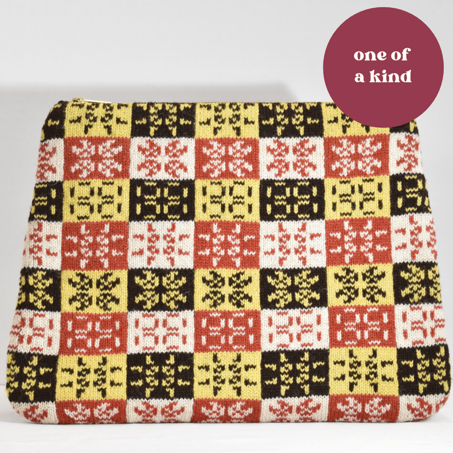 Pulsar check clutch bag, yellow, red and natural black and white Shetland wools
