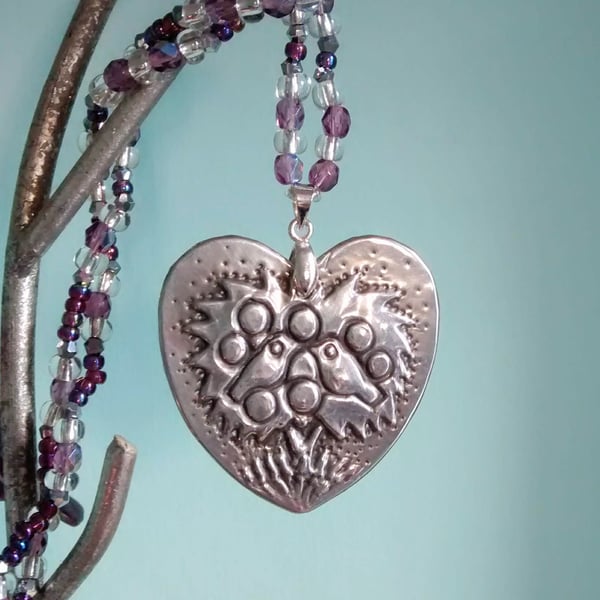 Heart-shaped Birds Pendant Necklace with Amethyst Glass Necklace