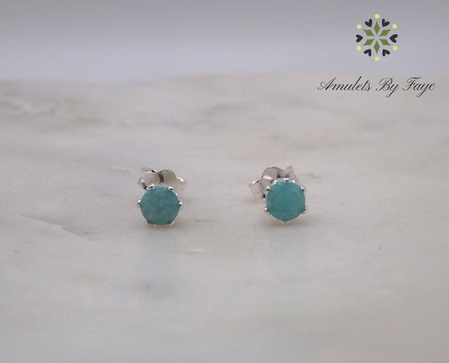 Amazonite Facet 4mm Gemstone 6 Prong Sterling Silver Stud Earrings.
