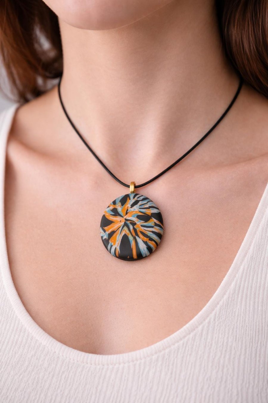 Handmade Oval Polymer Clay Pendant Necklace, Colourful Artisan Jewellery, Boho S