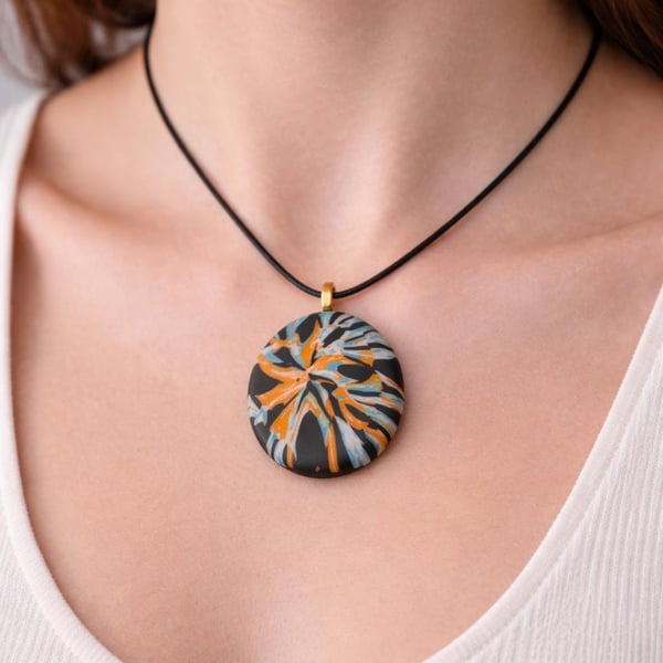 Handmade Oval Polymer Clay Pendant Necklace, Colourful Artisan Jewellery, Boho S