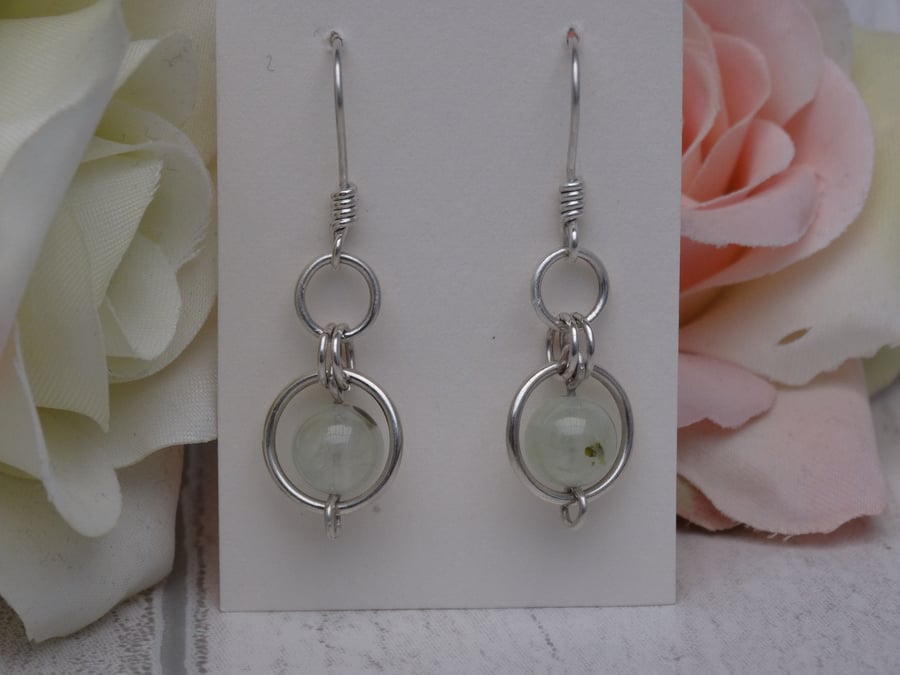 Prehnite gemstone dangle earrings silver circles inner peace heart chakra
