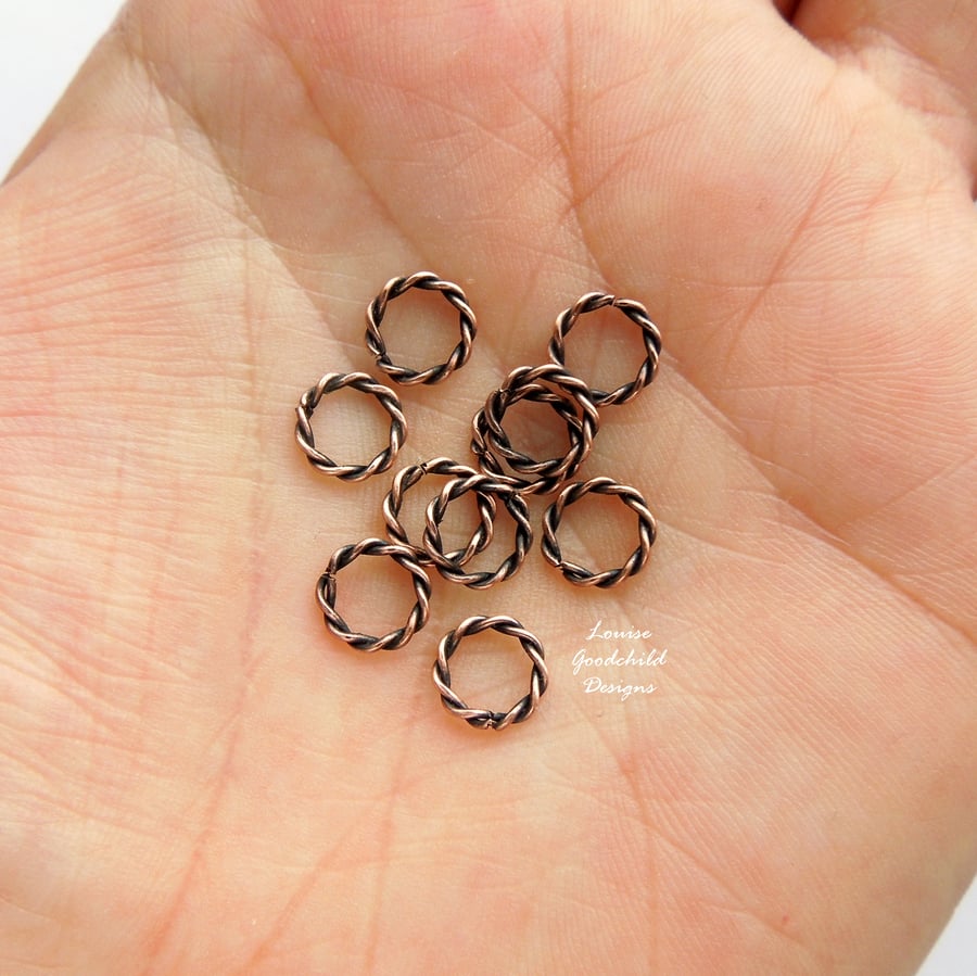 Antique copper wire twisted 7mm jump rings x 10, make your own