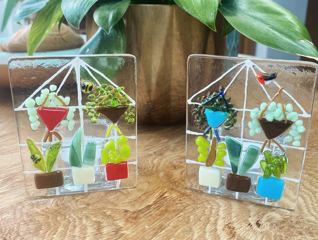 Handmade fused glass greenhouse tea-light shades