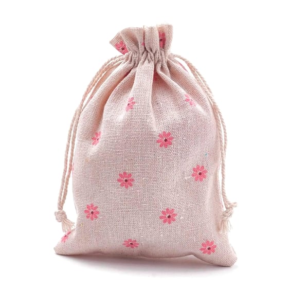 5 Daisy Drawstring Gift Bags, Cotton Style with Small Orange Flower Design 