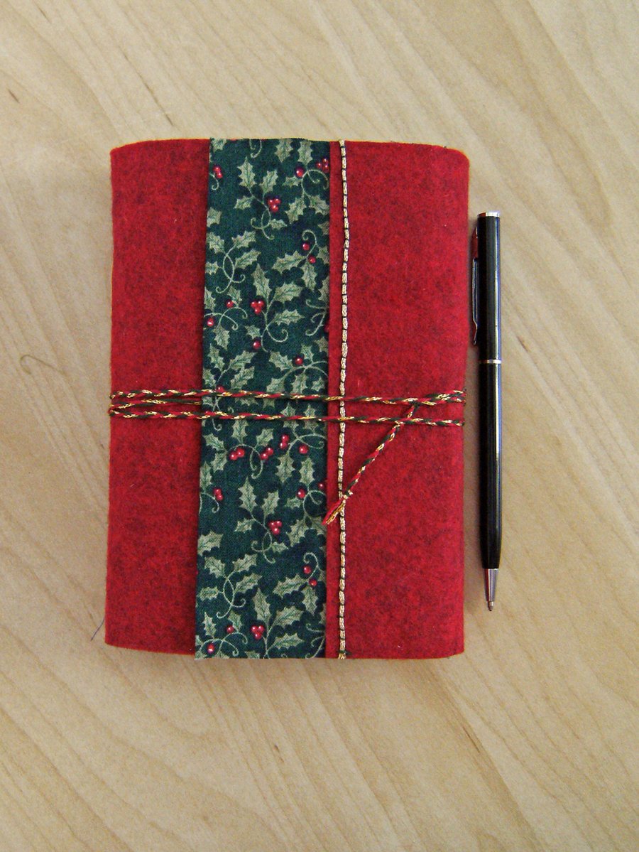 LAST MINUTE Christmas Holly - Wool Felt Embroidered Journal - Hand Bound Book