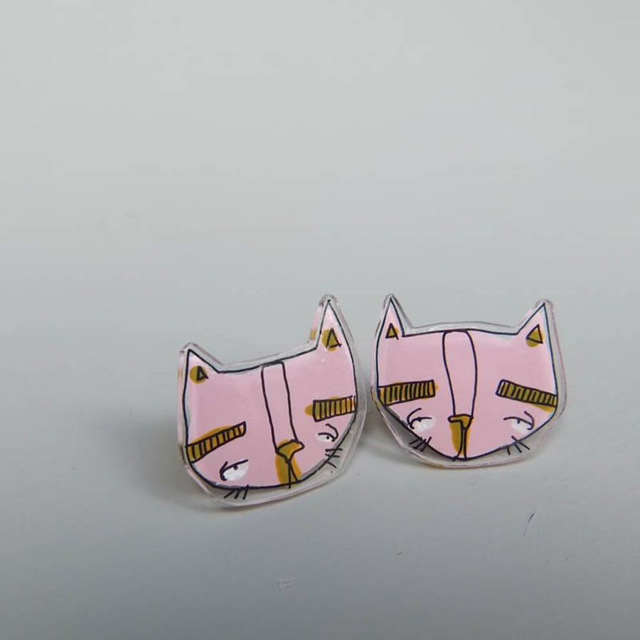 Pink and Green 'Weird Kitty' ear studs