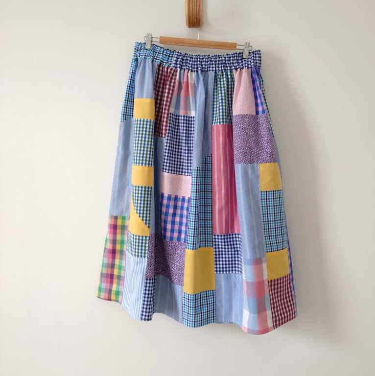 Upcycled Cotton Patchwork Skirt, Elasticated Waist Gathered Skirt
