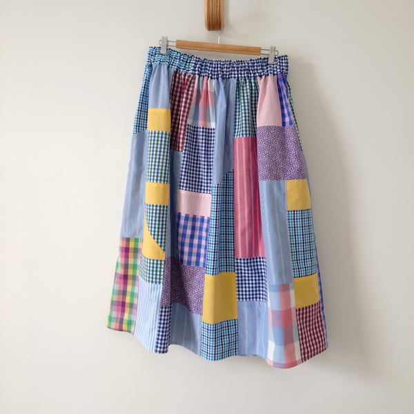 Upcycled Cotton Patchwork Skirt, Elasticated Waist Gathered Skirt