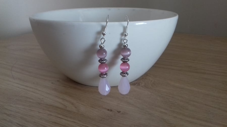 SHADES OF PINK AND SILVER DANGLE EARRINGS.