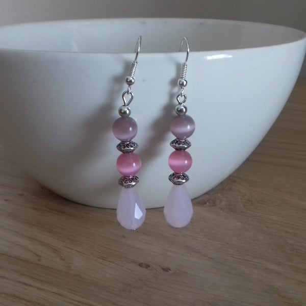 SHADES OF PINK AND SILVER DANGLE EARRINGS.