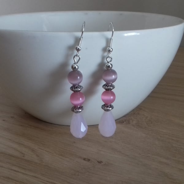 SHADES OF PINK AND SILVER DANGLE EARRINGS.