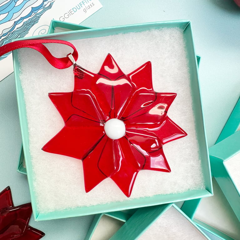 Fused Glass Poinsettia Christmas Decoration - Red