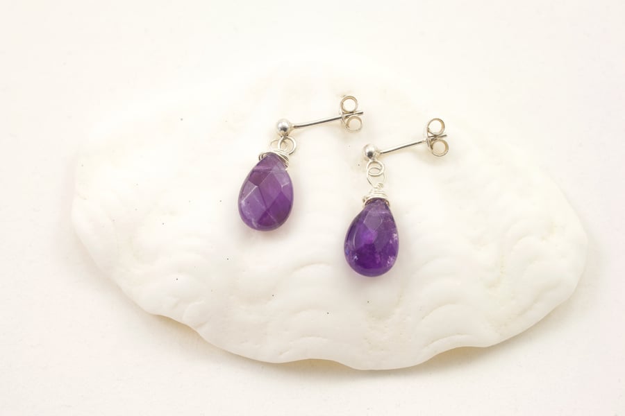 Amethyst Faceted Briolette Sterling Silver Drop Stud Earrings