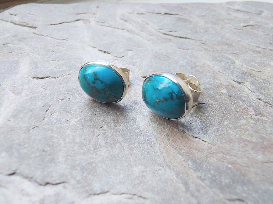 Turquoise and silver oval stud earrings