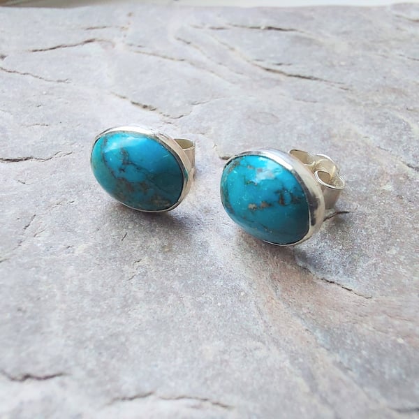 Turquoise and silver oval stud earrings