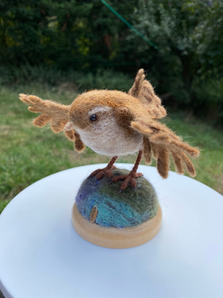 Needle felted Jenny Wren with open wings 