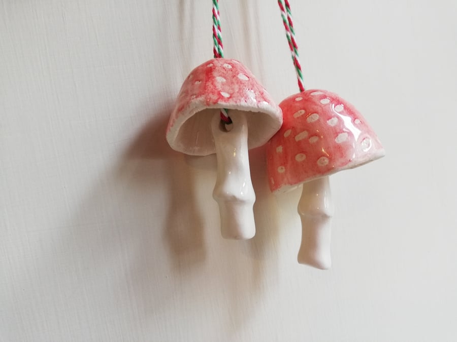 Ceramic red spotty mushroom bell hanging decoration fly agaric toadstool 