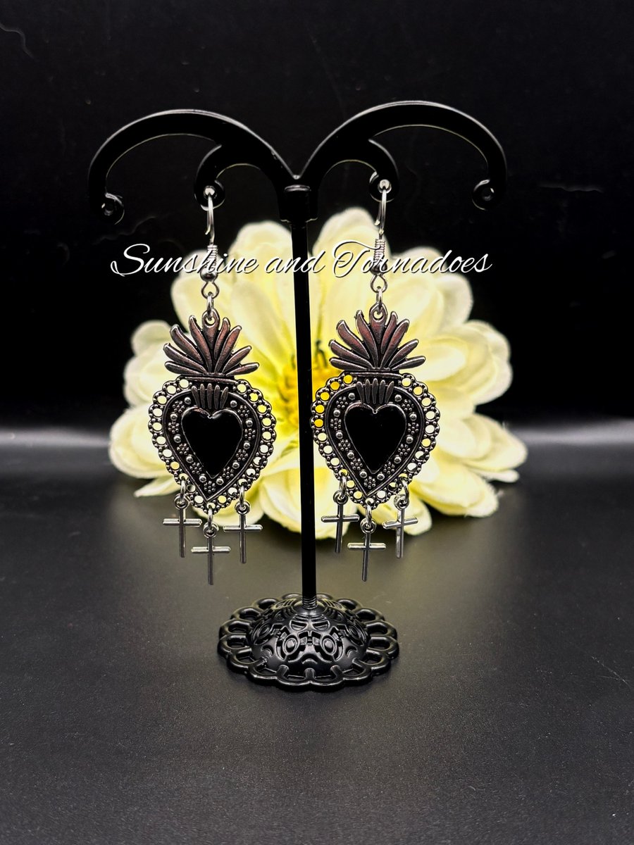 Gothic Heart Earrings with Cross charm- Victorian Black Heart Earring - Handmade