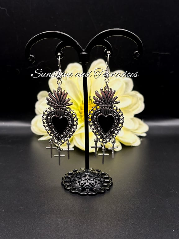 Gothic Heart Earrings with Cross charm- Victorian Black Heart Earring - Handmade