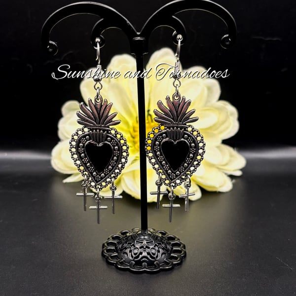 Gothic Heart Earrings with Cross charm- Victorian Black Heart Earring - Handmade