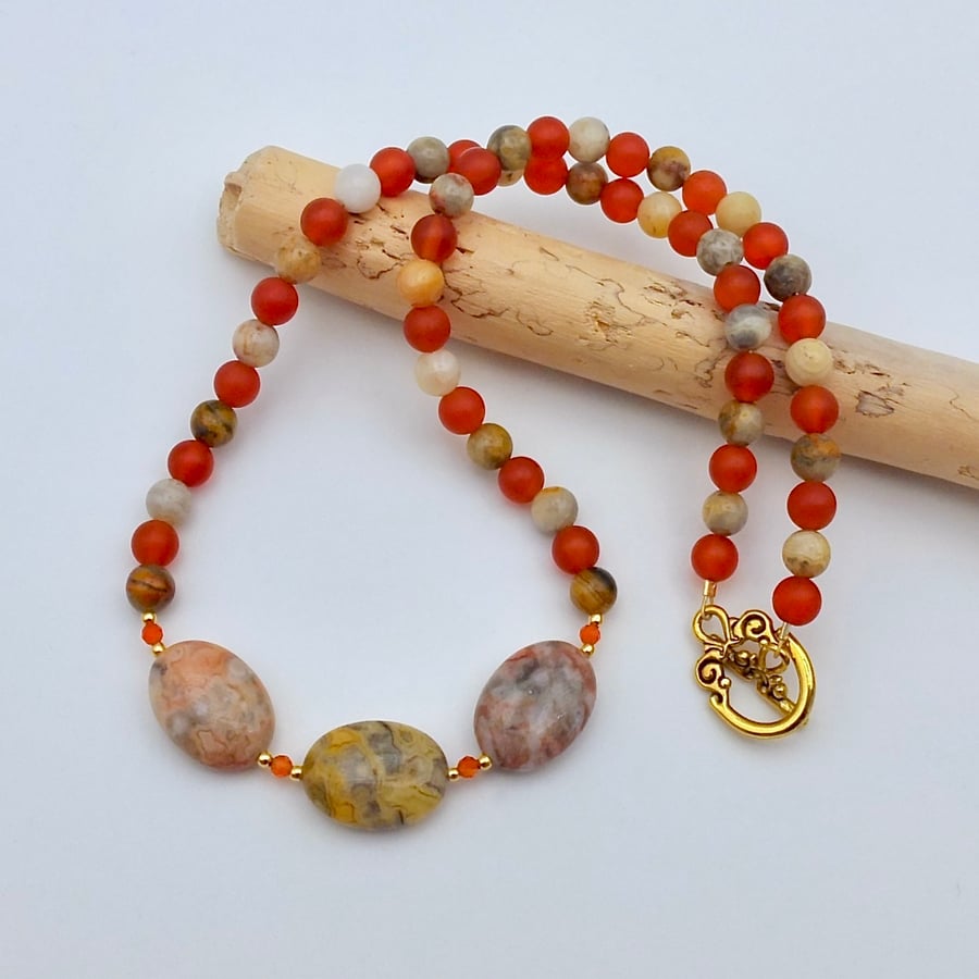 Crazy Lace Agate & Carnelian Necklace, Birthday, Anniversary, Gifts For Her