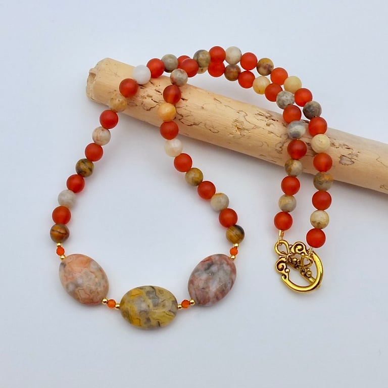 Crazy Lace Agate & Carnelian Necklace, Birthday, Anniversary, Gifts For Her