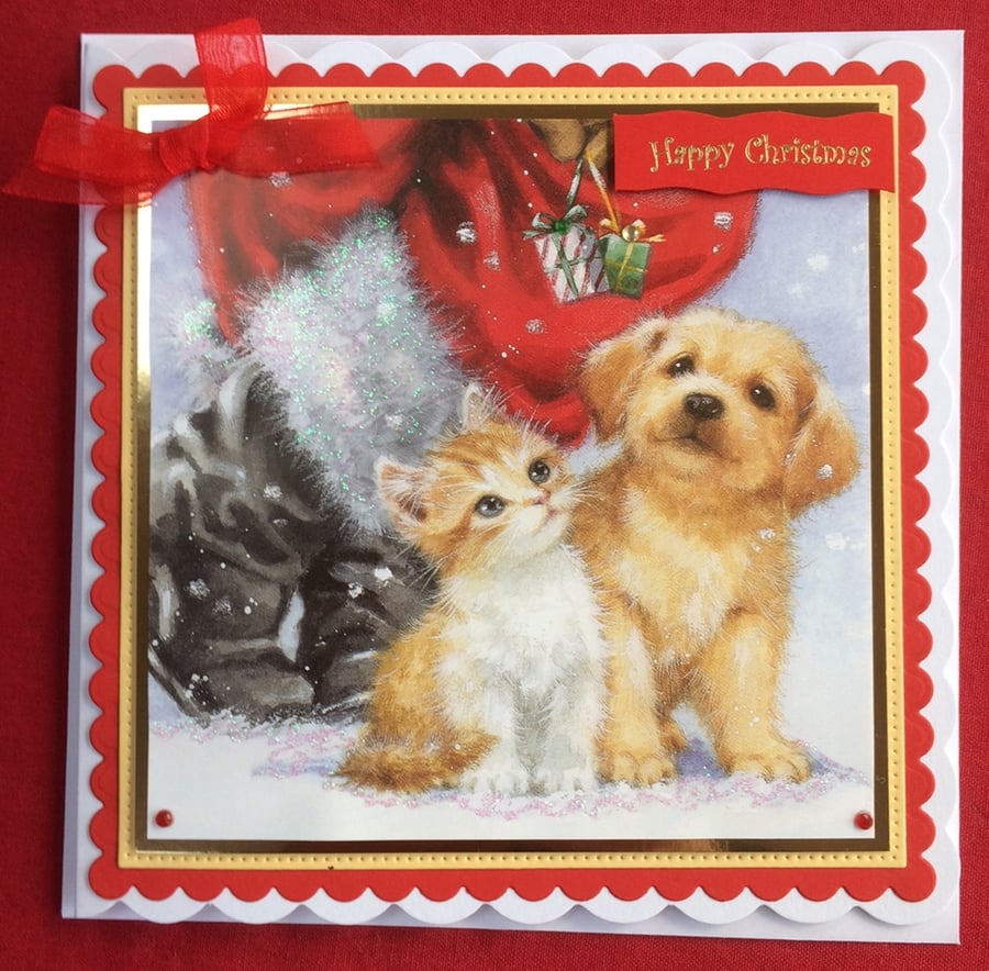 Happy Christmas Card Santa Cat and Dog Presents Gifts 3D Luxury Handmade