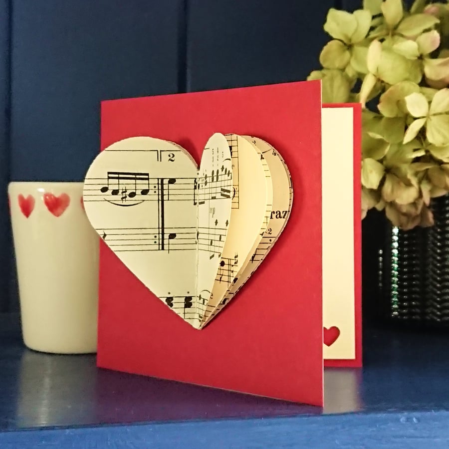 Vintage sheet music hearts card - repurposed, recyclable 