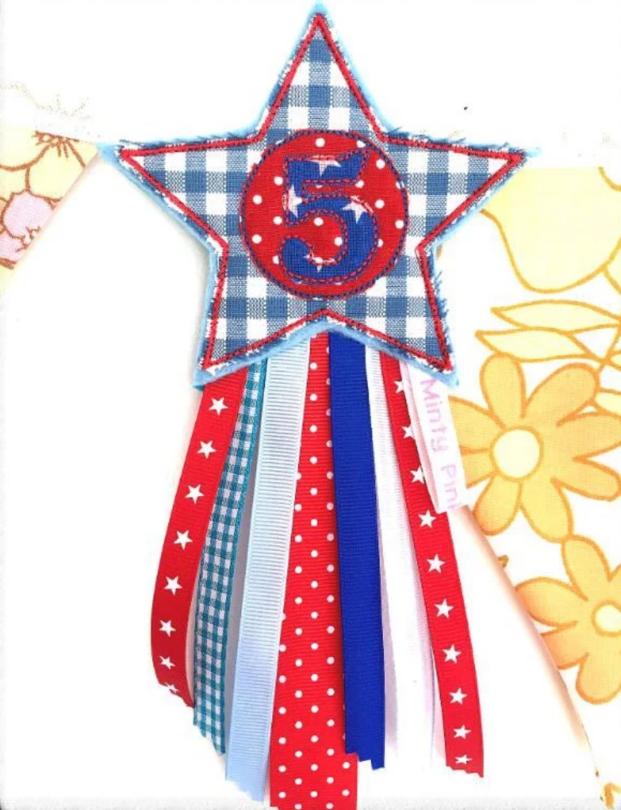 Number 5 Birthday Badge Rosette, Blues and Reds Ribbon Badge