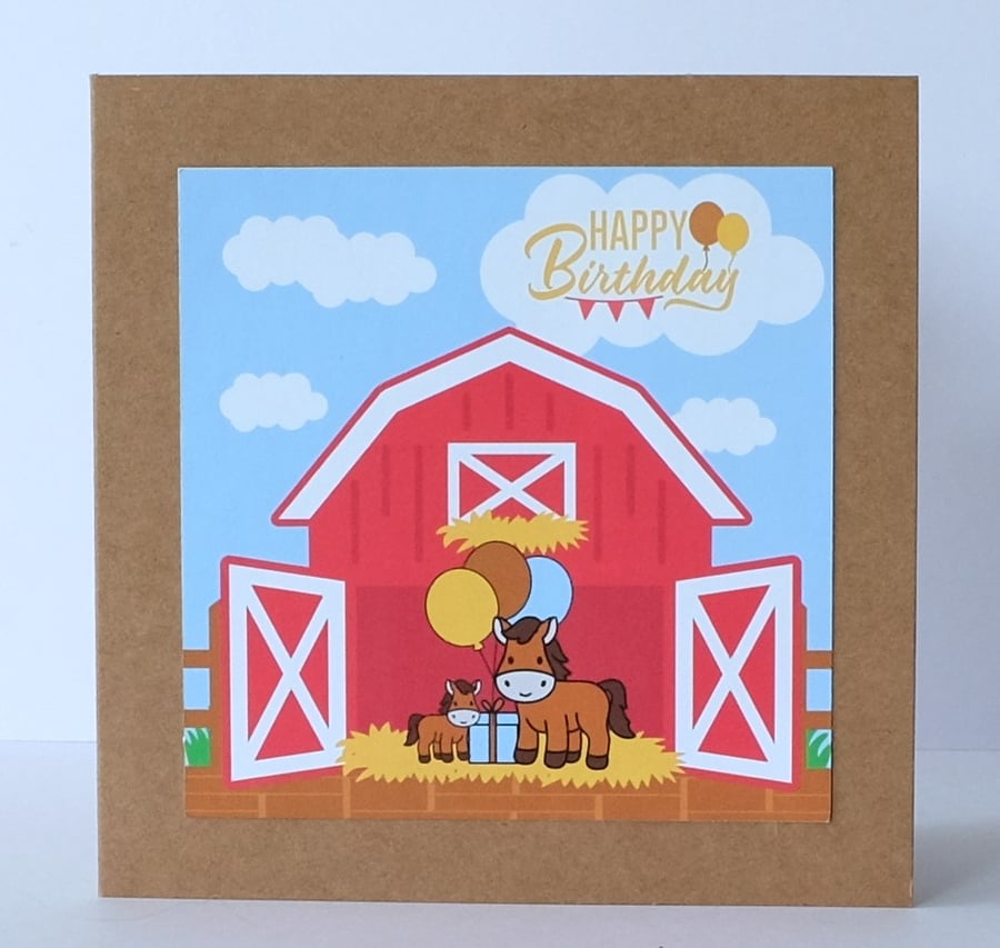 'Colourful Card' Farm Birthday Card Featuring a Barn with Horses 