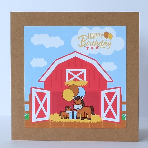 'Colourful Card' Farm Birthday Card Featuring a Barn with Horses 