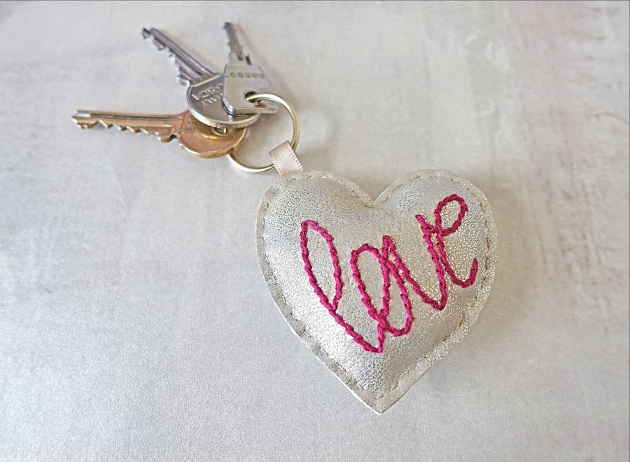 SALE Love Keyring, Hand Stitched Keyring, Heart Key Charm, Faux Leather Keyring 