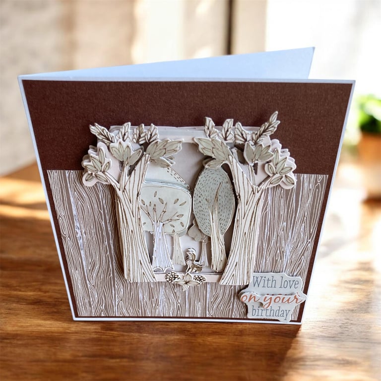 Woodland Birthday Card. Rustic Forest Scene Greeting Card. 3D Papercut