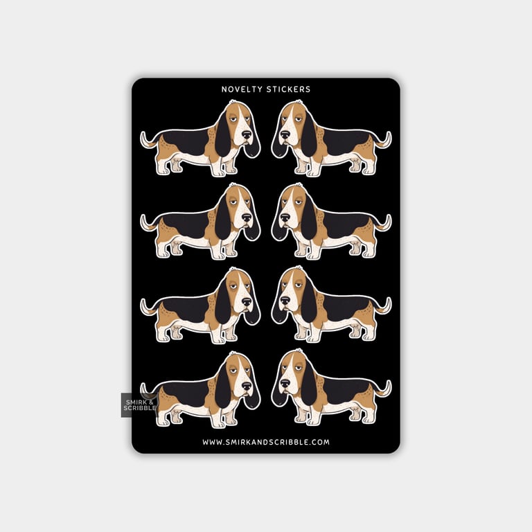 Funny Vinyl Sticker Sheet For Adults - Grumpy Basset Hound