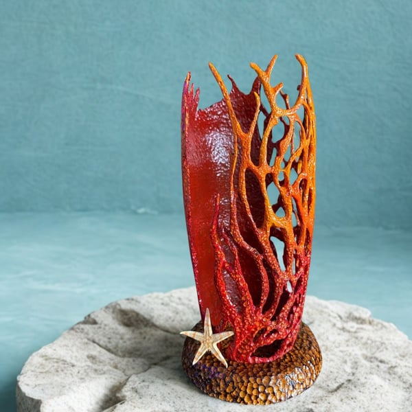 Wood Sculpture, Hand Turned Vase, Coral Wedding Anniversary Present