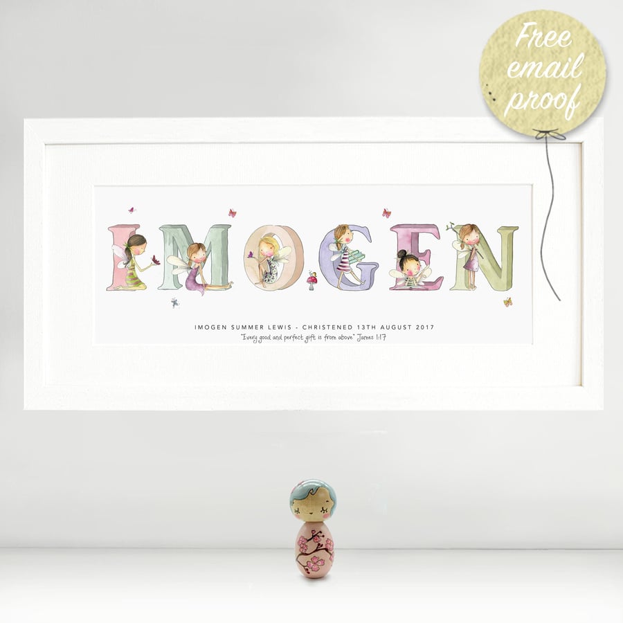Fairy name print - Mab and friends personalised nursery, watercolour art print