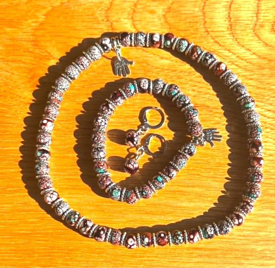 Handmade Matching Necklace, Bracelet & Earrings Set with Silver-Tone Accents