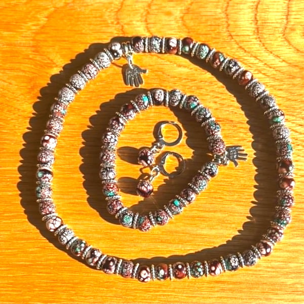 Handmade Matching Necklace, Bracelet & Earrings Set with Silver-Tone Accents