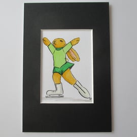 ACEO Bunny Rabbit Ice Skater Skating Dancing Miniature Original Painting Picture