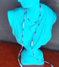 Long Summer Swirl Beaded Necklace in shades of blue with handmade paper beads - Image 4