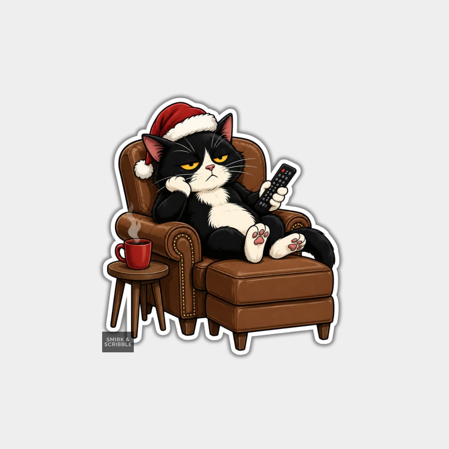 Image of Funny Christmas Sticker Vinyl Xmas Decal For Adults - Cute Grumpy Cat In Chair