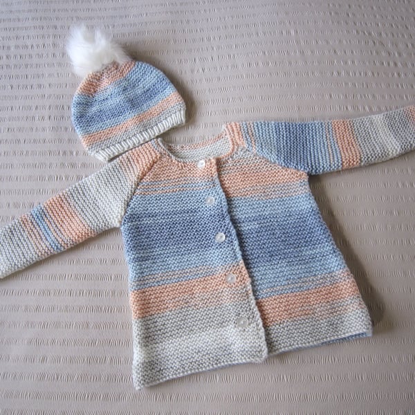 Baby Cardigan and Hat Set, Blue Cardigan, Gender Neutral Baby Clothes, Age 3-6m