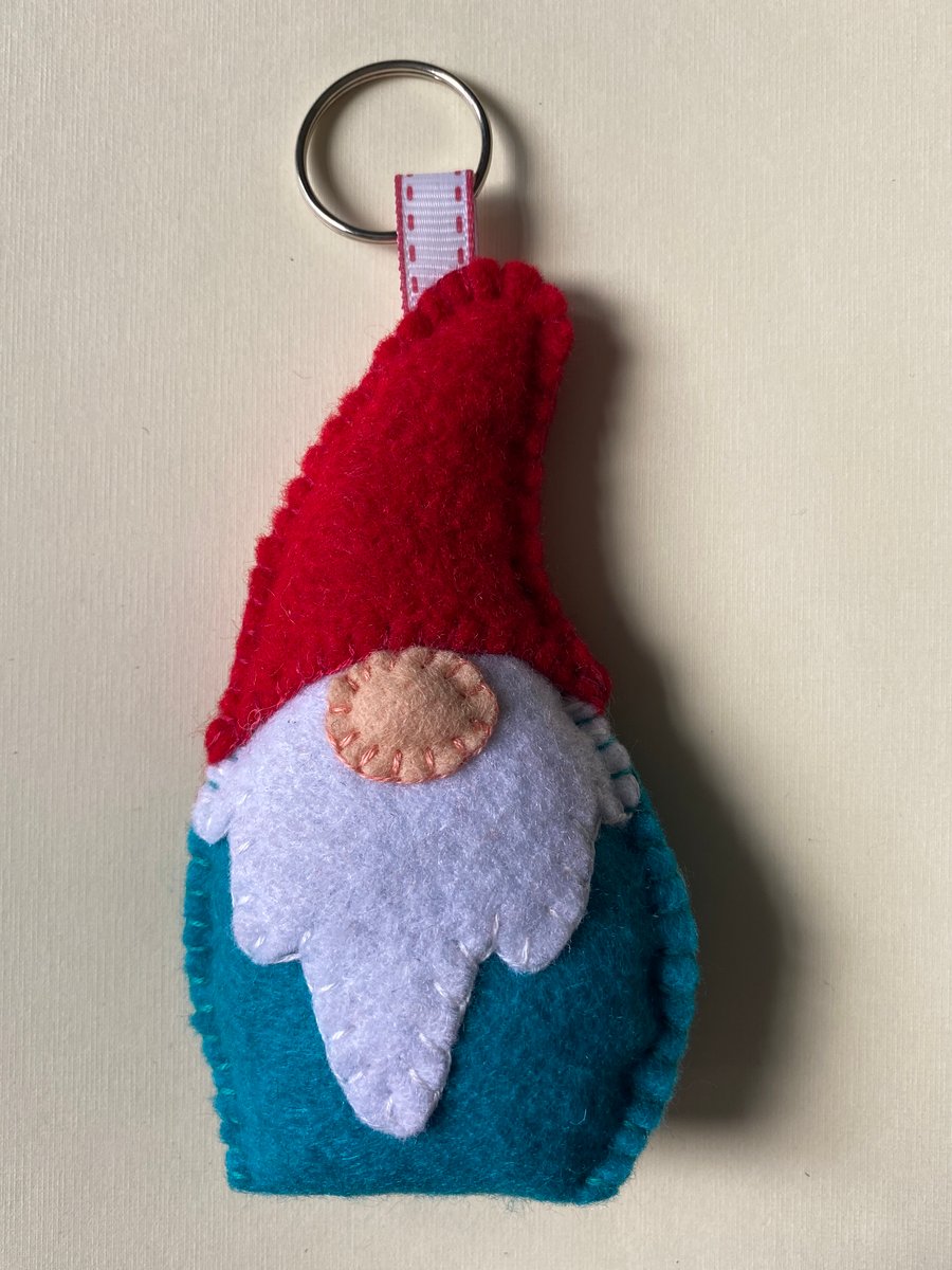 Gnome Gonk Keyring in Teal and Red Felt Handmade 