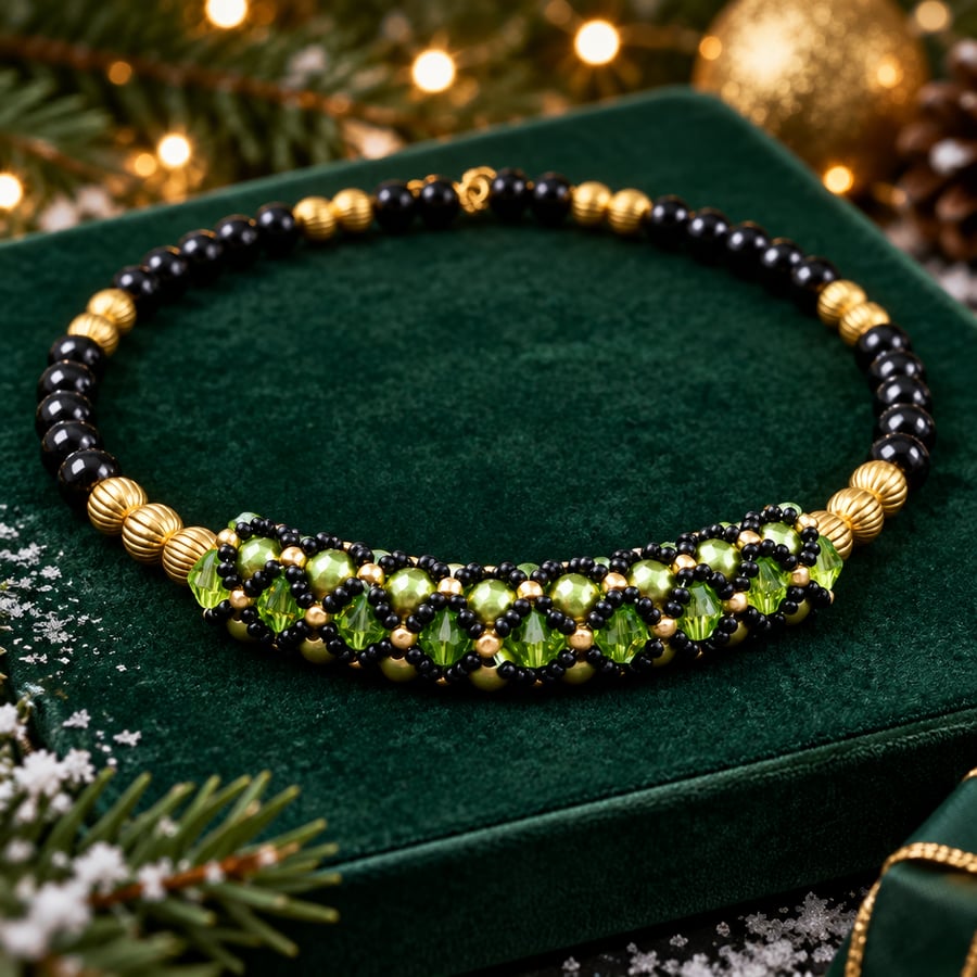 Black Agate & Peridot Green Crystal Choker Tibetan Gold Beads Handmade