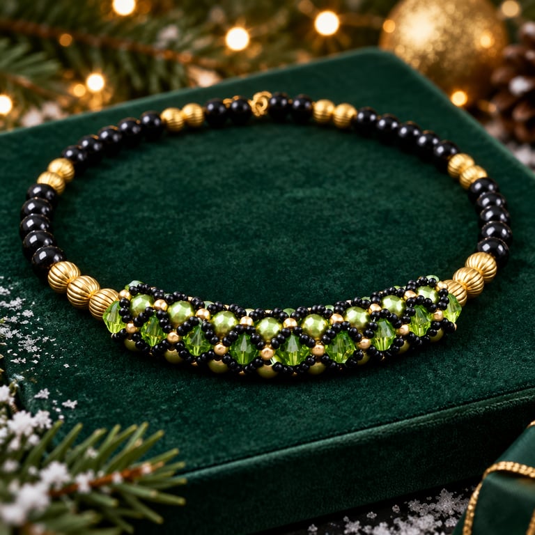 Black Agate & Peridot Green Crystal Choker Tibetan Gold Beads Handmade