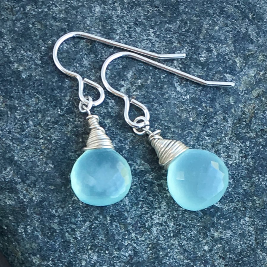 Gorgeous Sea Green Chalcedony Sterling Silver wrapped Briolette Earrings