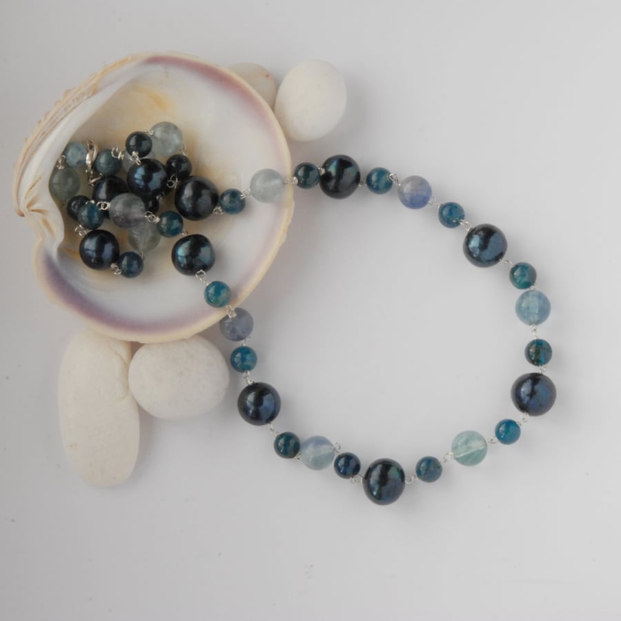 Teal blue pearl, apatite and fluorite sterling silver necklace