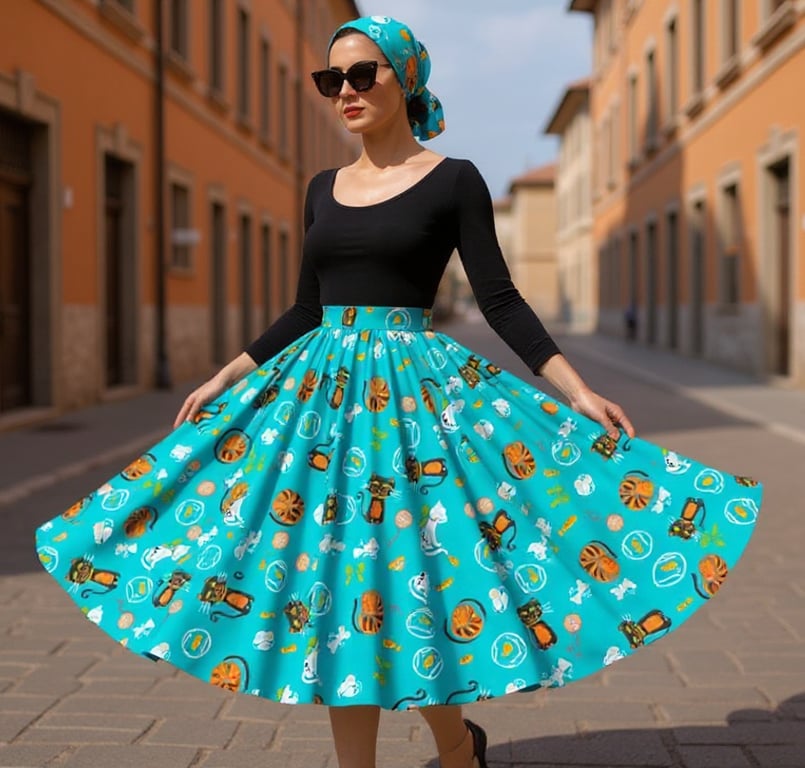 1950s Retro Rockabilly Circle skirt, ca & mouse, turq women's sizes 10-26 