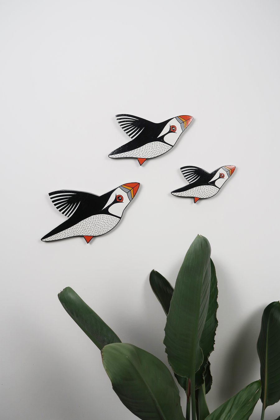 Puffin wall art, set of 3 flying birds, wooden hand painted home decor.